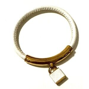 MICHAEL KORS Logo Lock White Leather Bangle Bracelet Gold Tone 8"